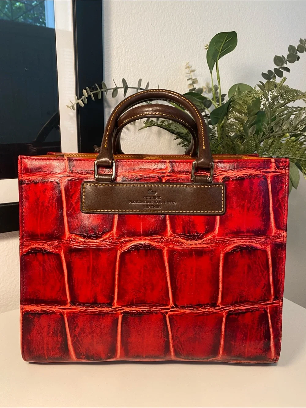 Dooney & Bourke Red Croc-Embossed Leather Satchel with Brown Trim